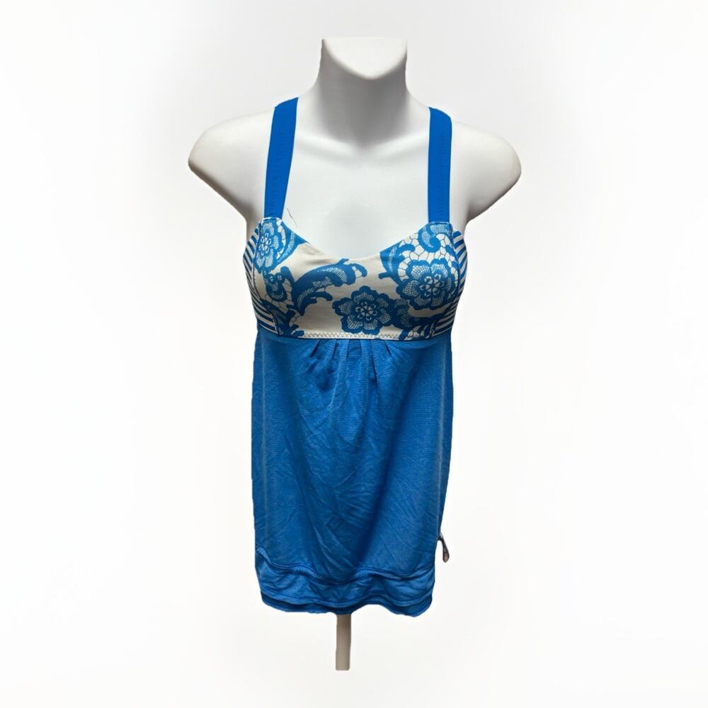 Lululemon No Limits Tank Womens Size 4 Blue Floral Built In Bra Athletic Strap